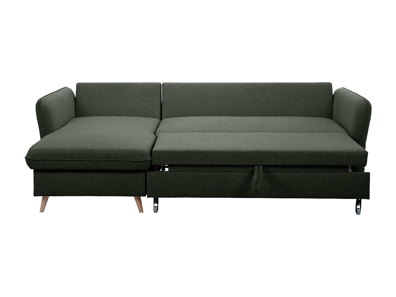 Canapé d'angle convertible réversible avec coffre 3-4 places en tissu vert kaki et bois clair DRISS