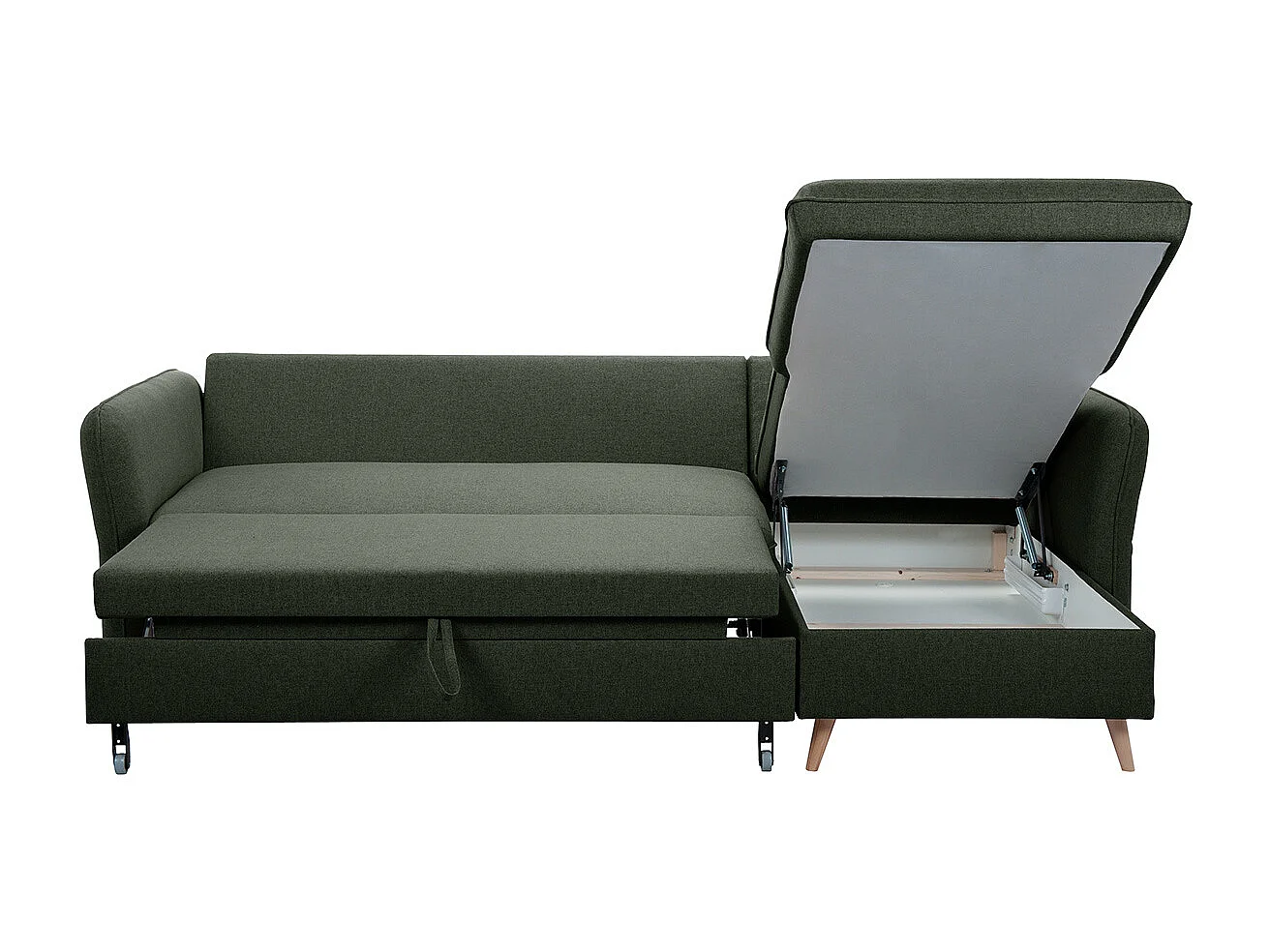 Canapé d'angle convertible réversible avec coffre 3-4 places en tissu vert kaki et bois clair DRISS