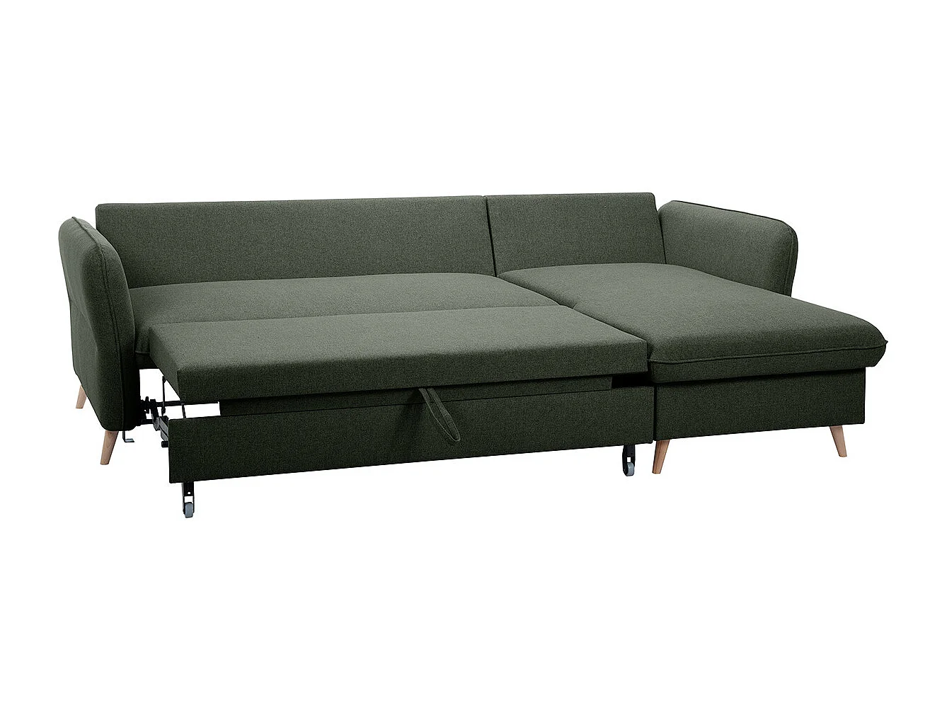 Canapé d'angle convertible réversible avec coffre 3-4 places en tissu vert kaki et bois clair DRISS