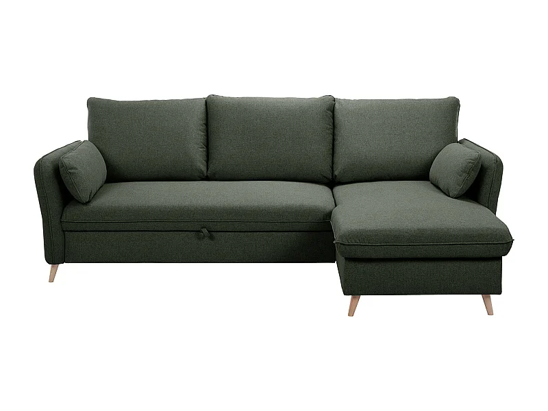 Canapé d'angle convertible réversible avec coffre 3-4 places en tissu vert kaki et bois clair DRISS