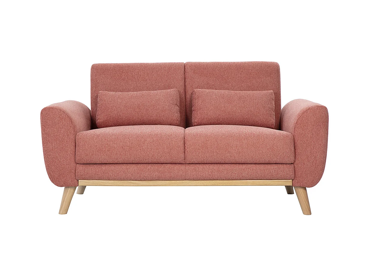 Canapé scandinave 2 places en tissu effet velours texturé terracotta et bois clair EKTOR