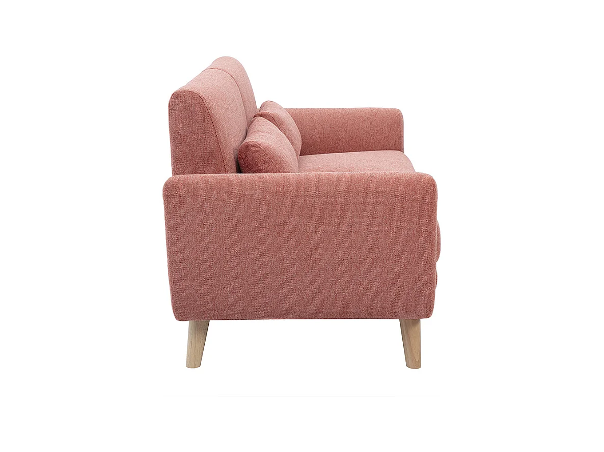 Canapé scandinave 2 places en tissu effet velours texturé terracotta et bois clair EKTOR
