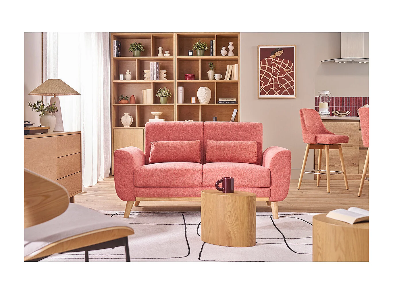 Canapé scandinave 2 places en tissu effet velours texturé terracotta et bois clair EKTOR