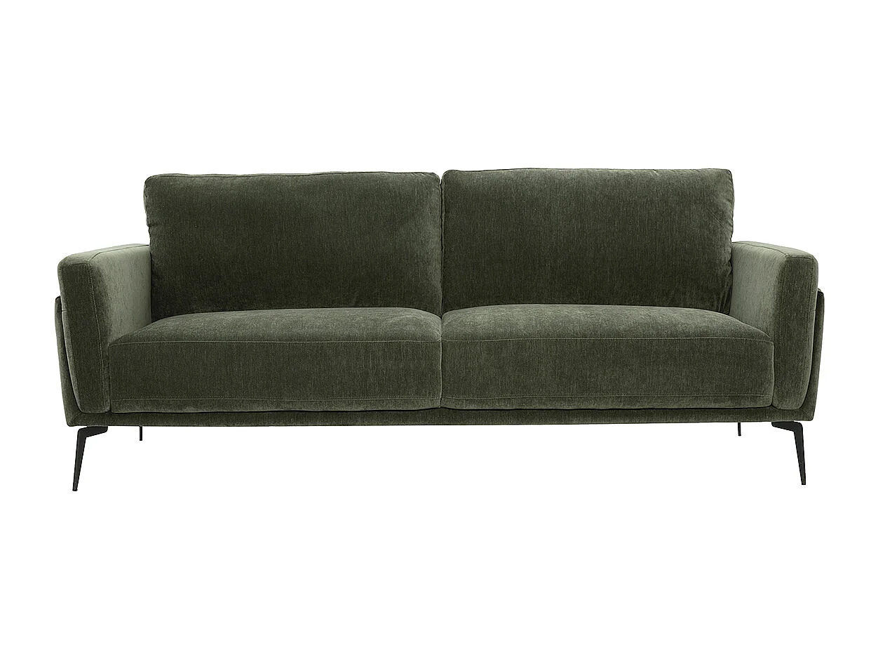 Canapé design 3 places en tissu effet velours vert kaki et métal noir MOSCO