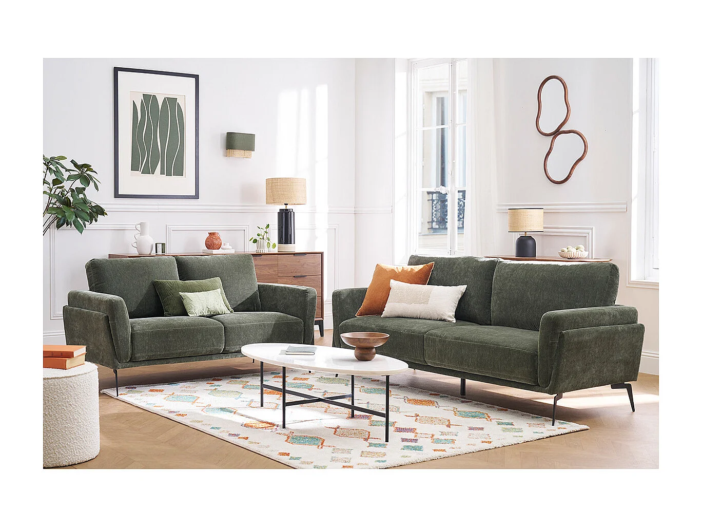 Canapé design 3 places en tissu effet velours vert kaki et métal noir MOSCO