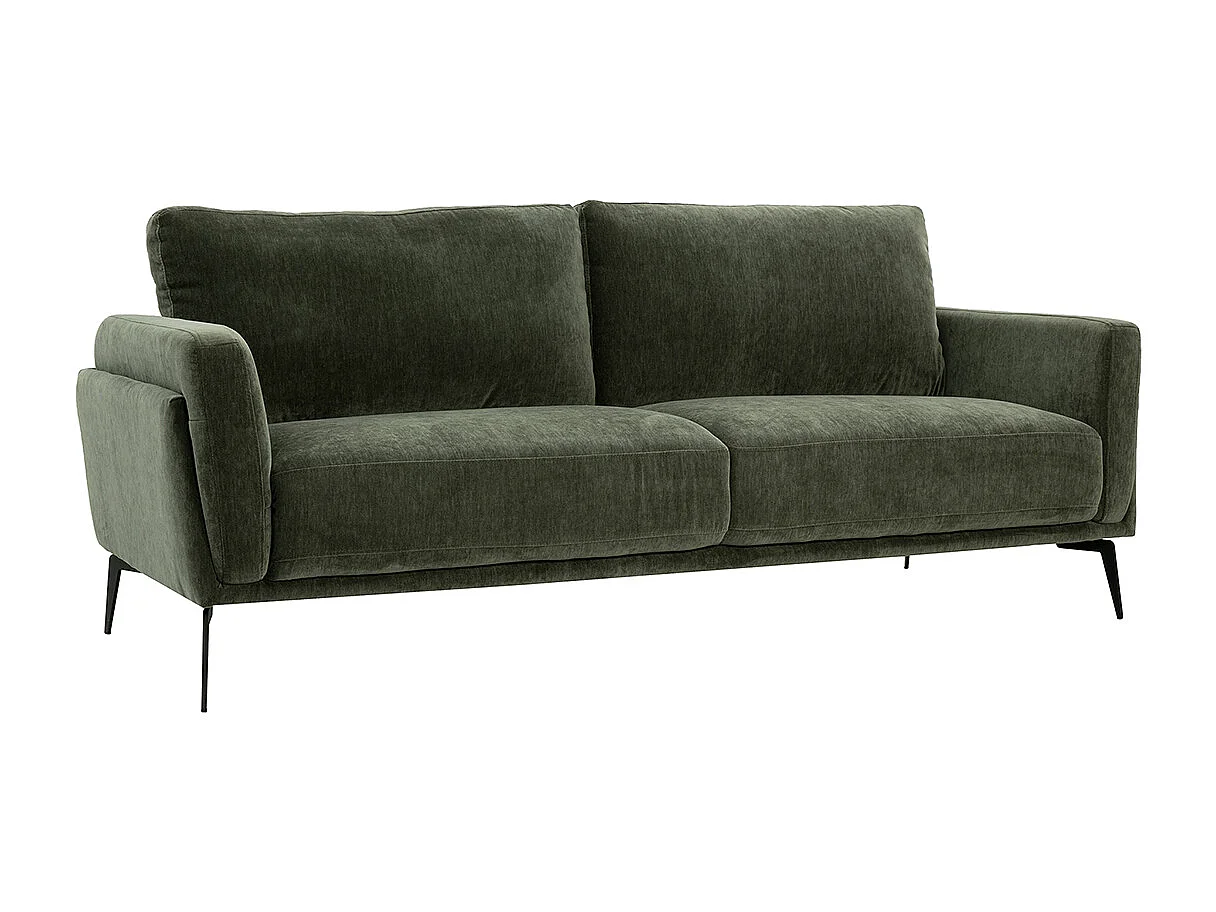 Canapé design 3 places en tissu effet velours vert kaki et métal noir MOSCO
