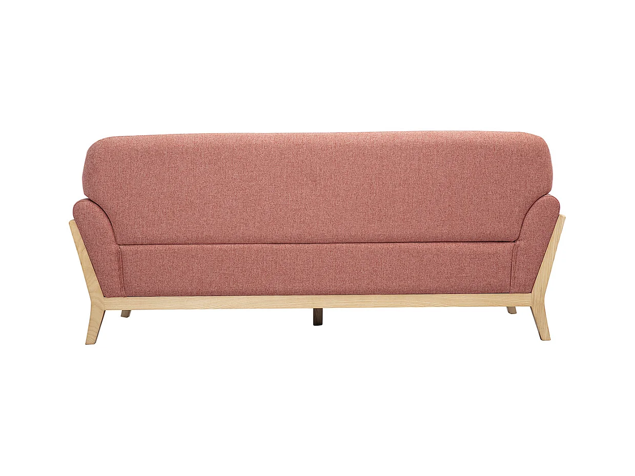 Canapé scandinave 3 places en tissu effet velours texturé terracotta et bois clair YOKO
