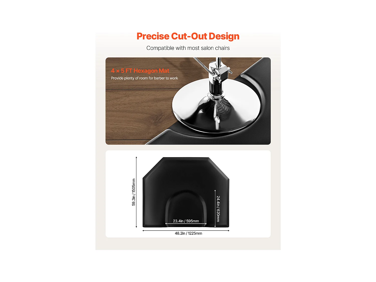 Tapis de Chaise de Salon SucceBuy Hexagonal pour Coiffeurs, 122.5 x 150.5 cm, Épaisseur de 2.5 cm, Découpe Ronde, Surface en PVC Durable et Bords