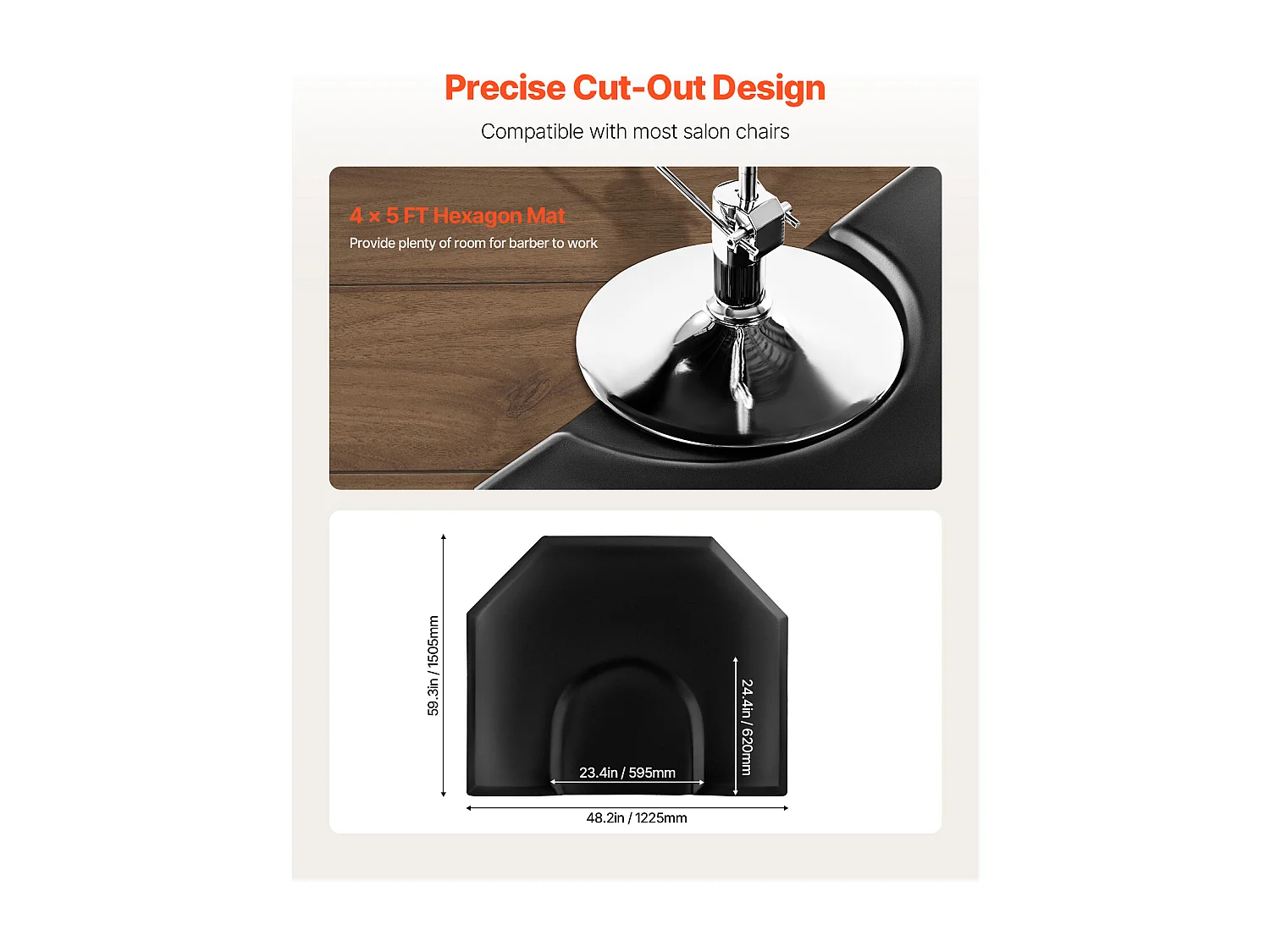 Tapis de Chaise de Salon SucceBuy Hexagonal pour Coiffeurs, 122.5 x 150.5 cm, Épaisseur de 2.5 cm, Découpe Ronde, Surface en PVC Durable et Bords