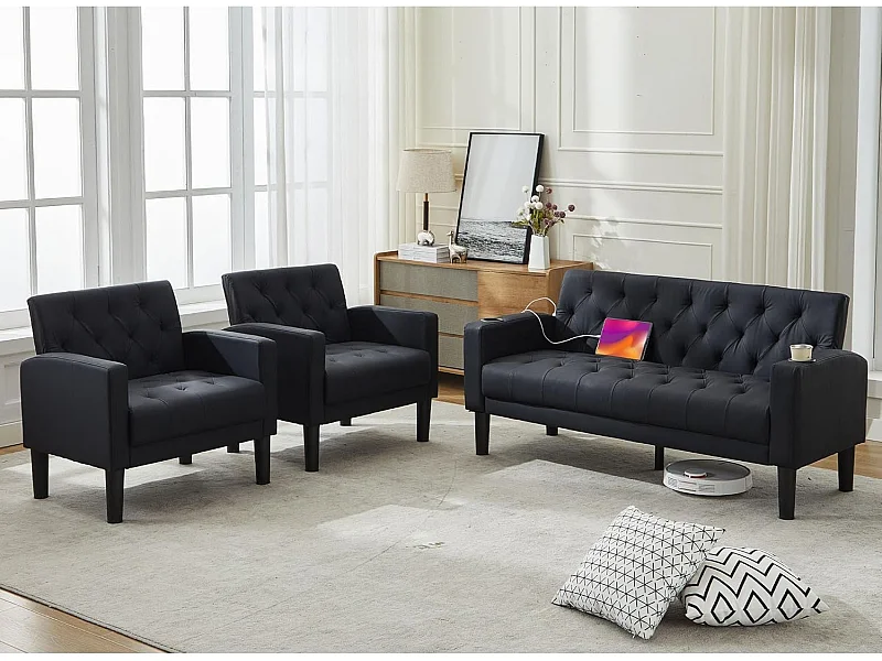 Canapé 2 Places Style moderne Petit Canapé-lit Confort Canapé Droit en Bois Massif Canapé pour salon Noir Lot2