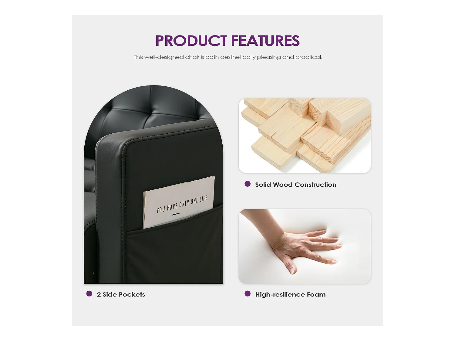 Fauteuil de Salon Lot de 2 Moderne Canapé 1 Place Confortable Fauteuil Relax avec Coussins pour Salon Cadre en Bois Fauteuil Lot de 2 Noir