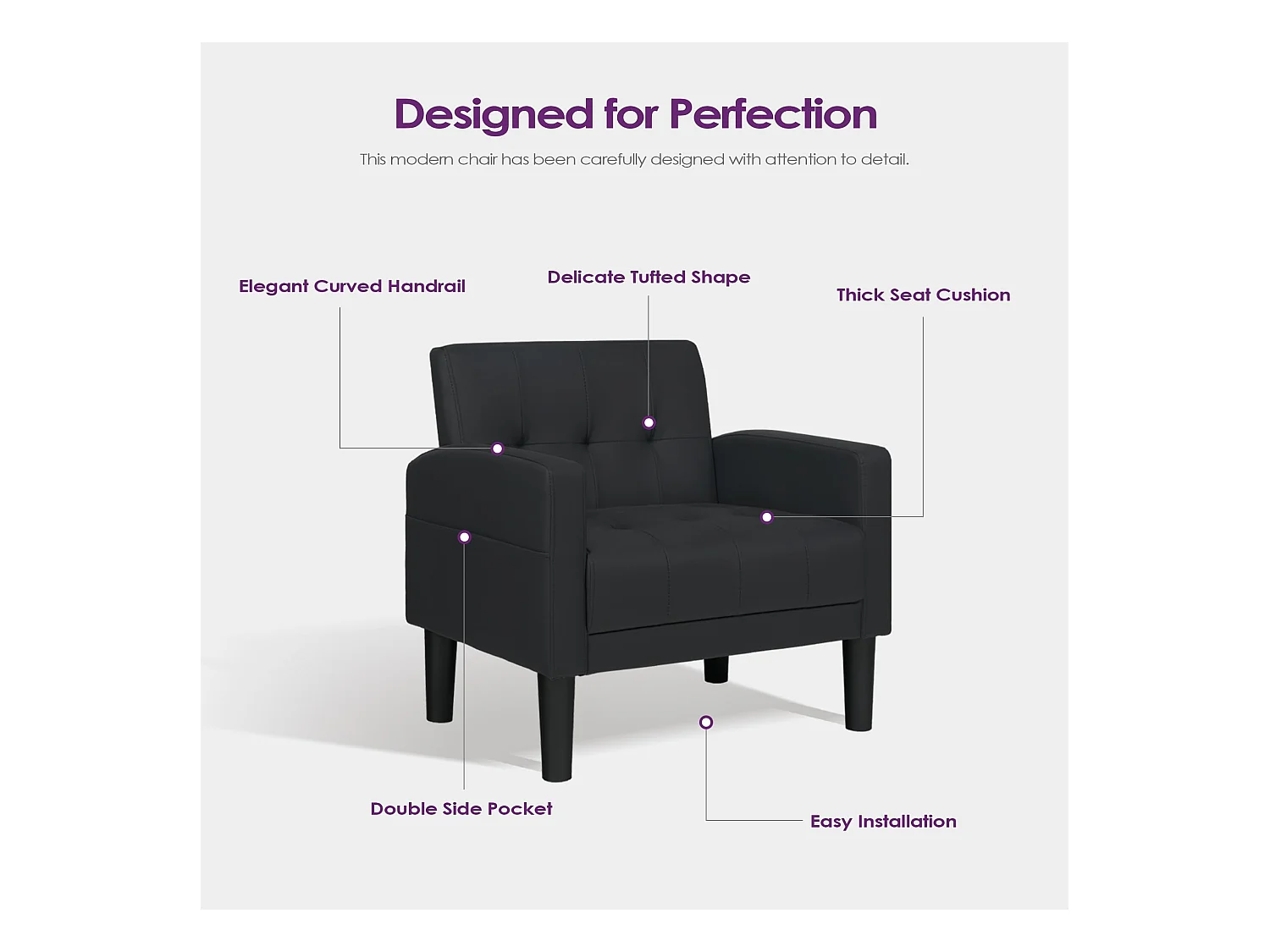 Fauteuil de Salon Lot de 2 Moderne Canapé 1 Place Confortable Fauteuil Relax avec Coussins pour Salon Cadre en Bois Fauteuil Lot de 2 Noir