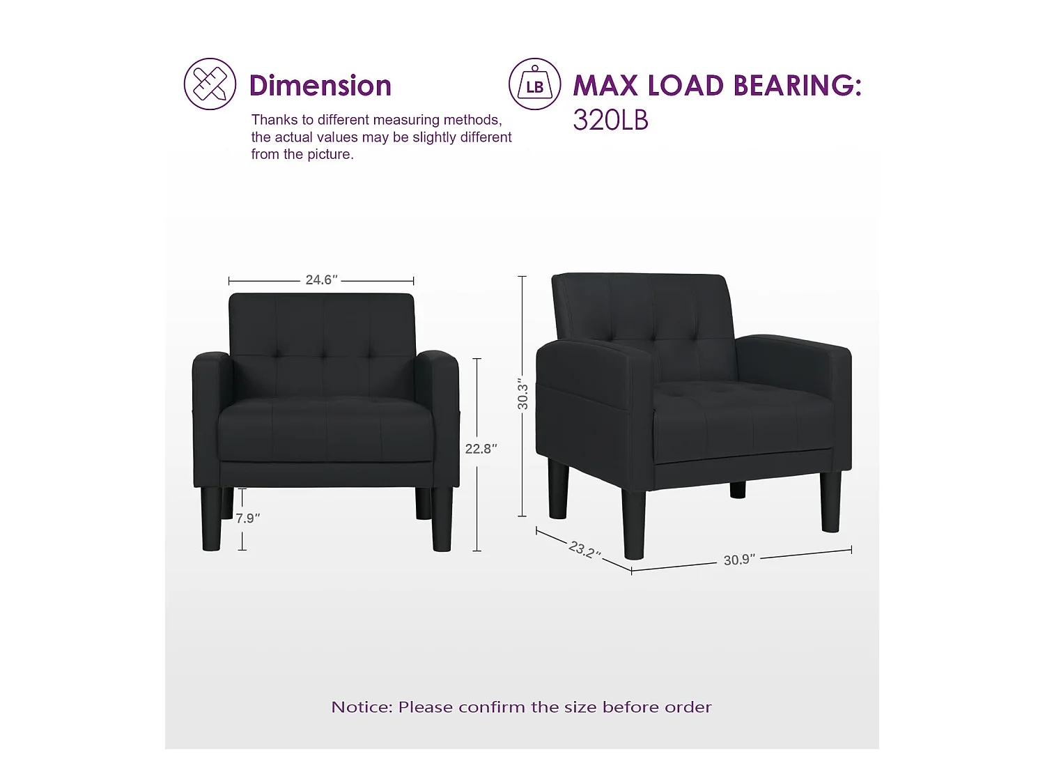 Fauteuil de Salon Lot de 2 Moderne Canapé 1 Place Confortable Fauteuil Relax avec Coussins pour Salon Cadre en Bois Fauteuil Lot de 2 Noir