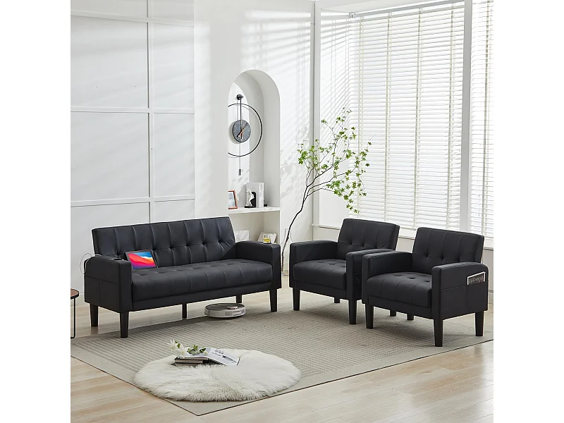 Canapé 2 Places Petit Canapé-lit Cuir PU Canapé Droit Confort en Bois Massif Canapé pour salon Noir Lot2