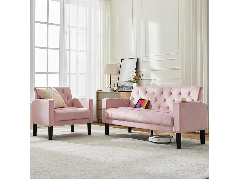 Canapé 2 Places Style moderne Petit Canapé-lit Confort Canapé Droit en Bois Massif Canapé pour salon Rose Lot1