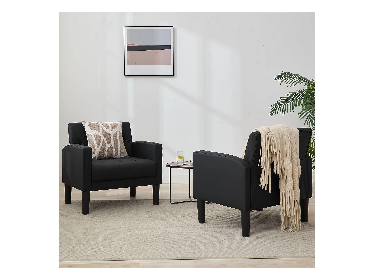 Fauteuil de Salon Lot de 2 Style Mid-century Canapé 1 Place avec Coussins Confortable Fauteuil Relax pour Salon Cadre en Bois Fauteuil Lot de 2 (Noir)