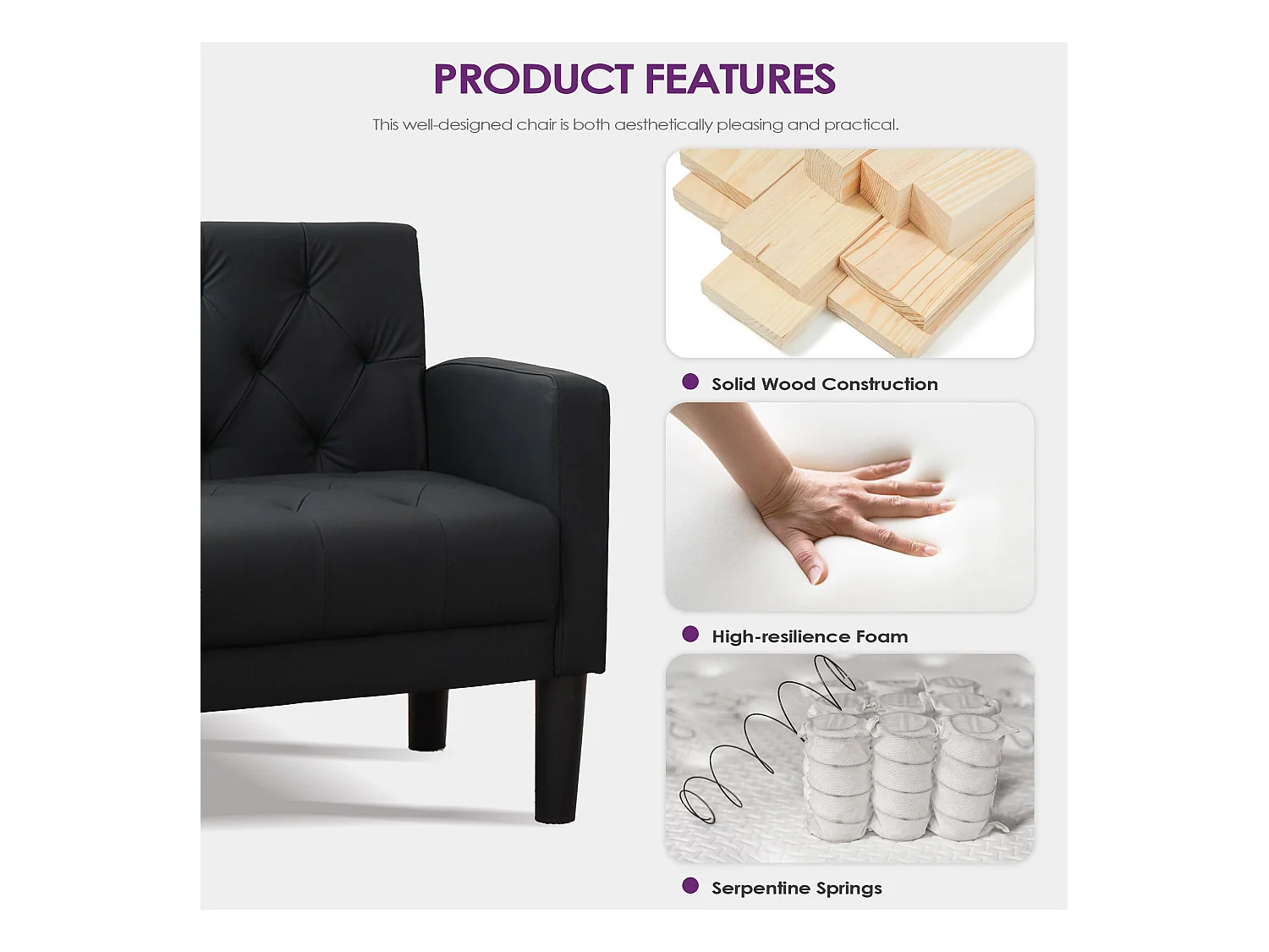 Fauteuil de Salon Lot de 2 Style Mid-century Canapé 1 Place avec Coussins Confortable Fauteuil Relax pour Salon Cadre en Bois Fauteuil Lot de 2 (Noir)