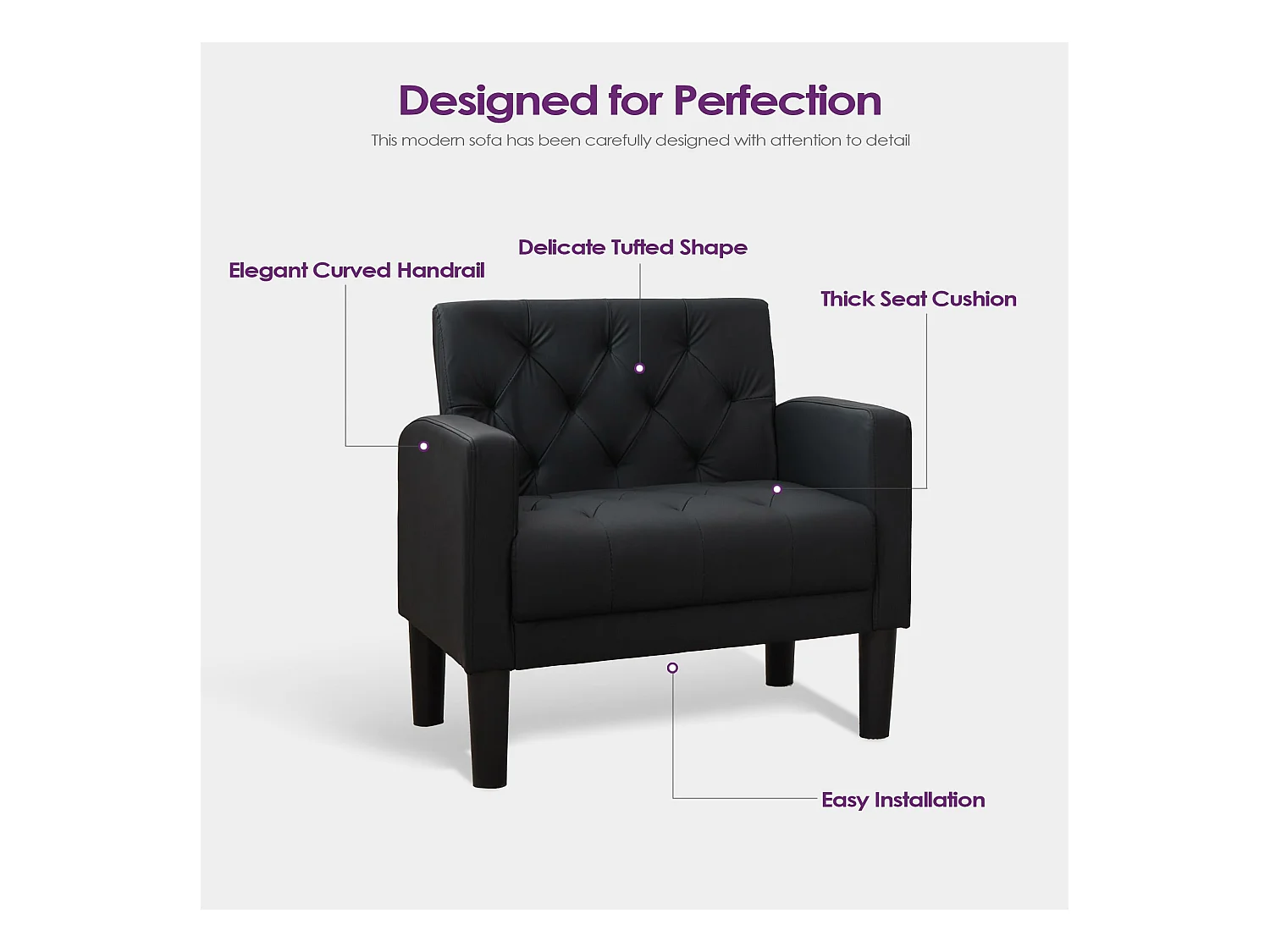 Fauteuil de Salon Lot de 2 Style Mid-century Canapé 1 Place avec Coussins Confortable Fauteuil Relax pour Salon Cadre en Bois Fauteuil Lot de 2 (Noir)