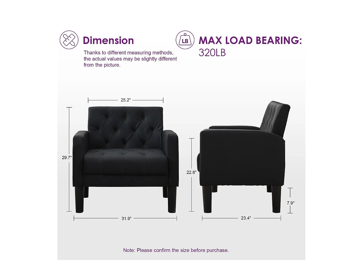 Fauteuil de Salon Lot de 2 Style Mid-century Canapé 1 Place avec Coussins Confortable Fauteuil Relax pour Salon Cadre en Bois Fauteuil Lot de 2 (Noir)