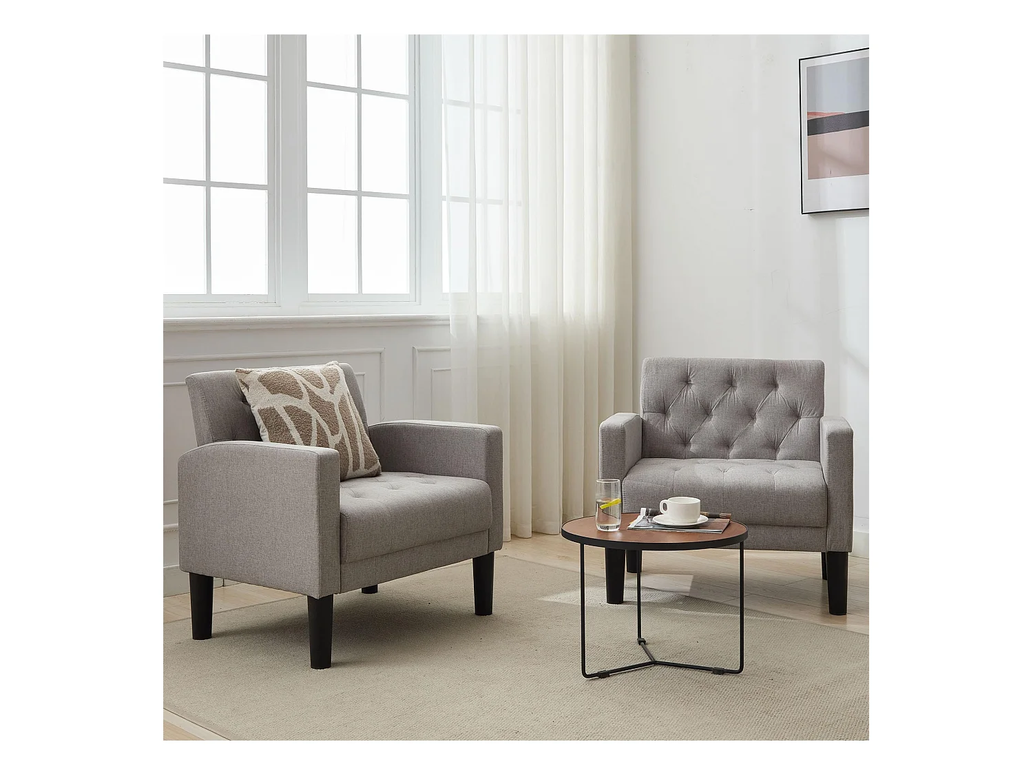 Fauteuil de Salon Lot de 2 Style Mid-century Canapé 1 Place avec Coussins Confortable Fauteuil Relax pour Salon Cadre en Bois Fauteuil Lot de 2 (Gris clair)