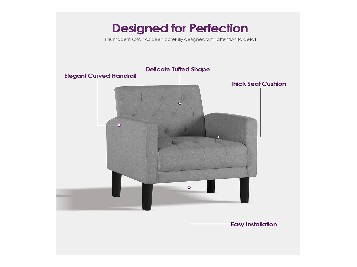 Fauteuil de Salon Lot de 2 Style Mid-century Canapé 1 Place avec Coussins Confortable Fauteuil Relax pour Salon Cadre en Bois Fauteuil Lot de 2 (Gris clair)