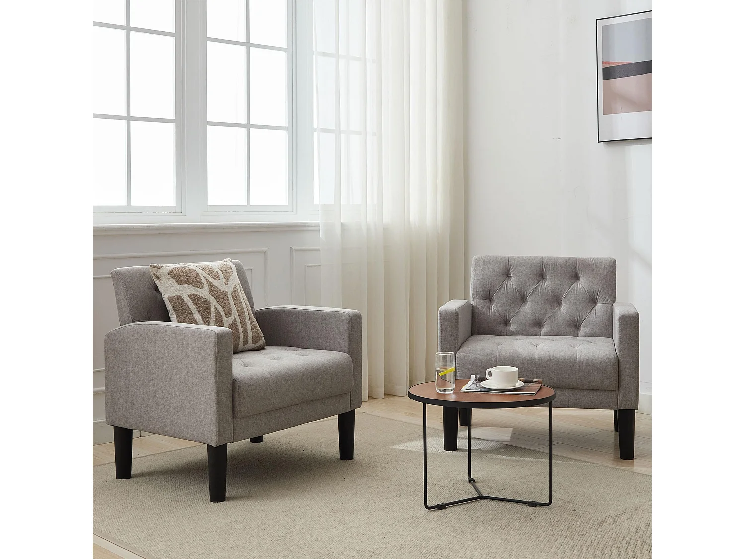 Fauteuil de Salon Lot de 2 Style Mid-century Canapé 1 Place avec Coussins Confortable Fauteuil Relax pour Salon Cadre en Bois Fauteuil Lot de 2 (Gris clair)