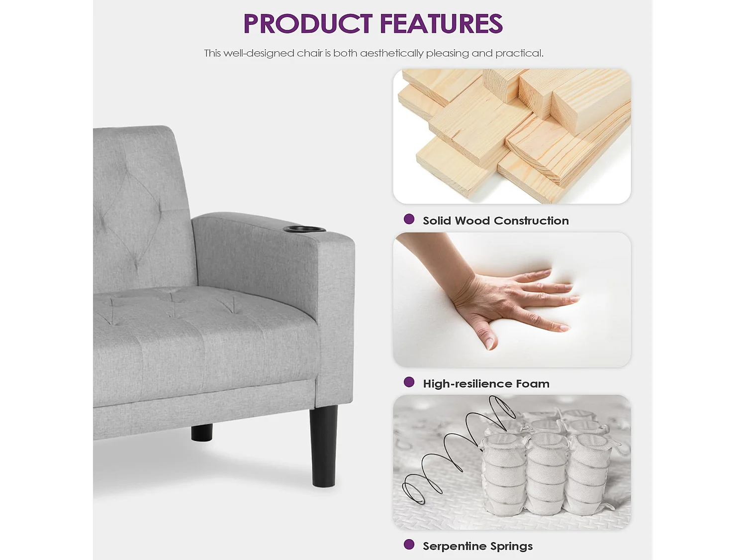 Fauteuil de Salon Lot de 2 Style Mid-century Canapé 1 Place avec Coussins Confortable Fauteuil Relax pour Salon Cadre en Bois Fauteuil Lot de 2 (Gris clair)