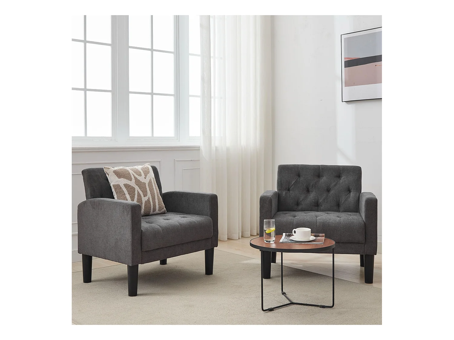 Fauteuil de Salon Lot de 2 Moderne Canapé 1 Place avec Coussins Confortable Fauteuil Relax pour Salon Cadre en Bois Fauteuil Lot de 2 (Gris foncé)