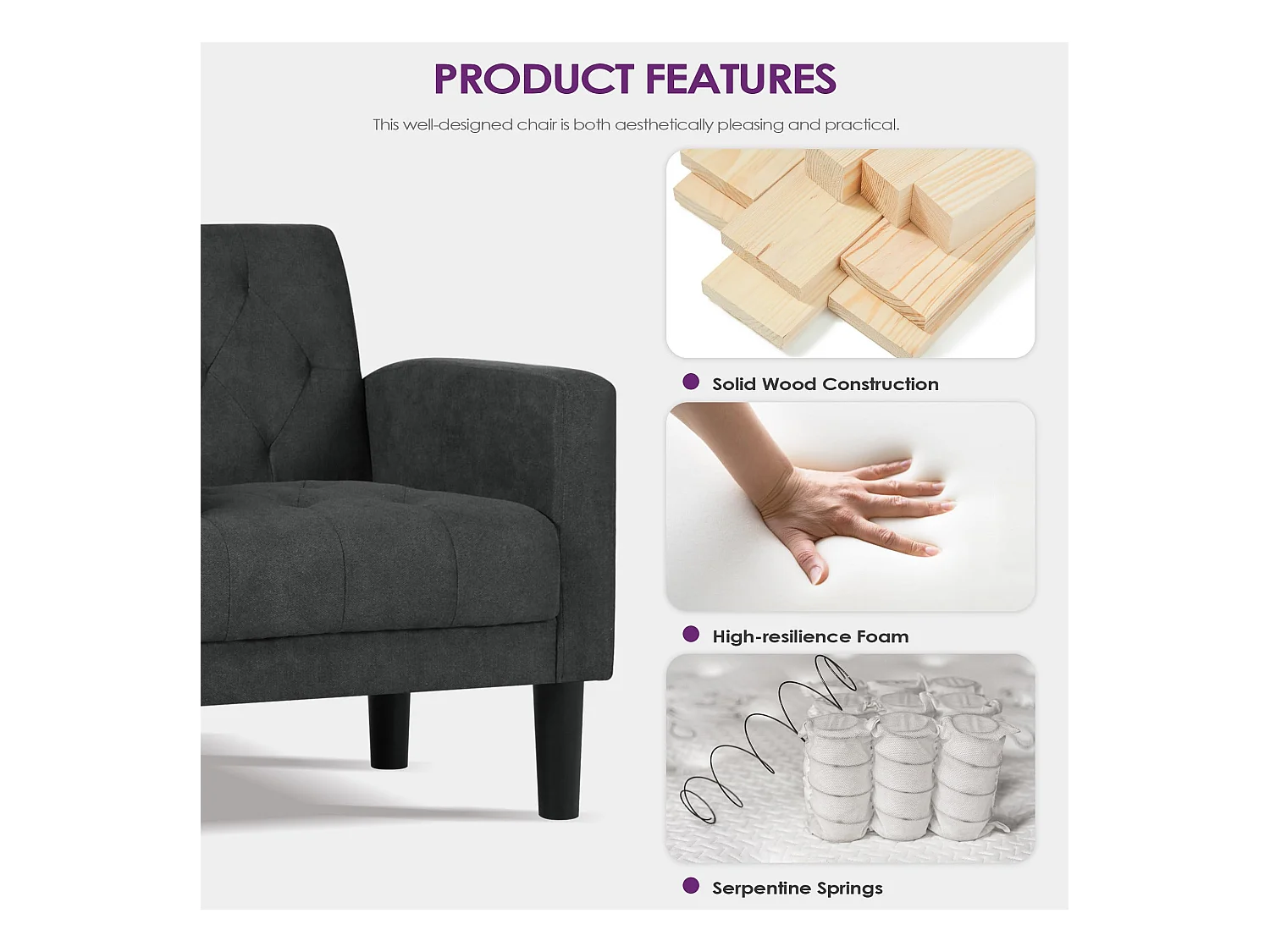 Fauteuil de Salon Lot de 2 Moderne Canapé 1 Place avec Coussins Confortable Fauteuil Relax pour Salon Cadre en Bois Fauteuil Lot de 2 (Gris foncé)