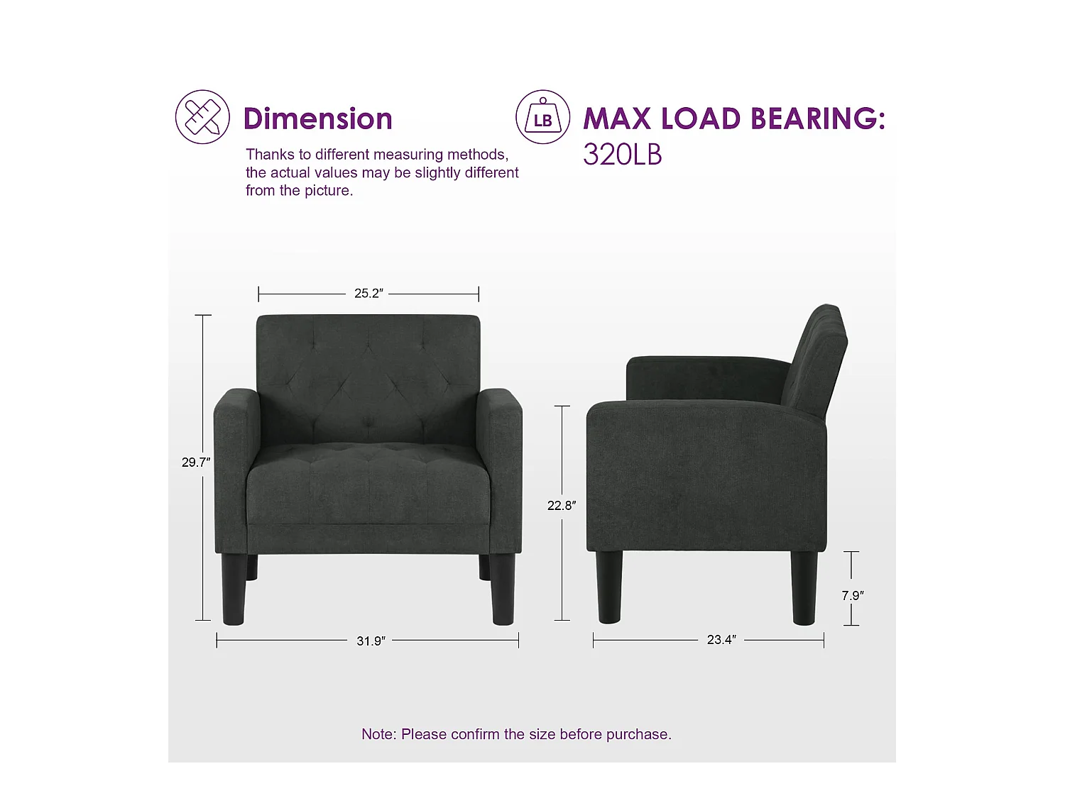 Fauteuil de Salon Lot de 2 Moderne Canapé 1 Place avec Coussins Confortable Fauteuil Relax pour Salon Cadre en Bois Fauteuil Lot de 2 (Gris foncé)