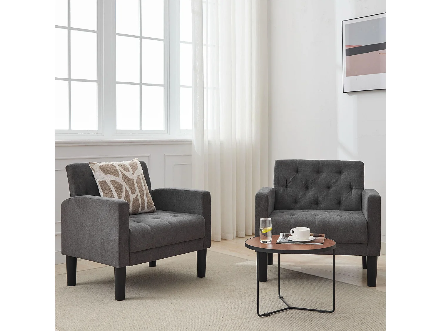 Fauteuil de Salon Lot de 2 Moderne Canapé 1 Place avec Coussins Confortable Fauteuil Relax pour Salon Cadre en Bois Fauteuil Lot de 2 (Gris foncé)