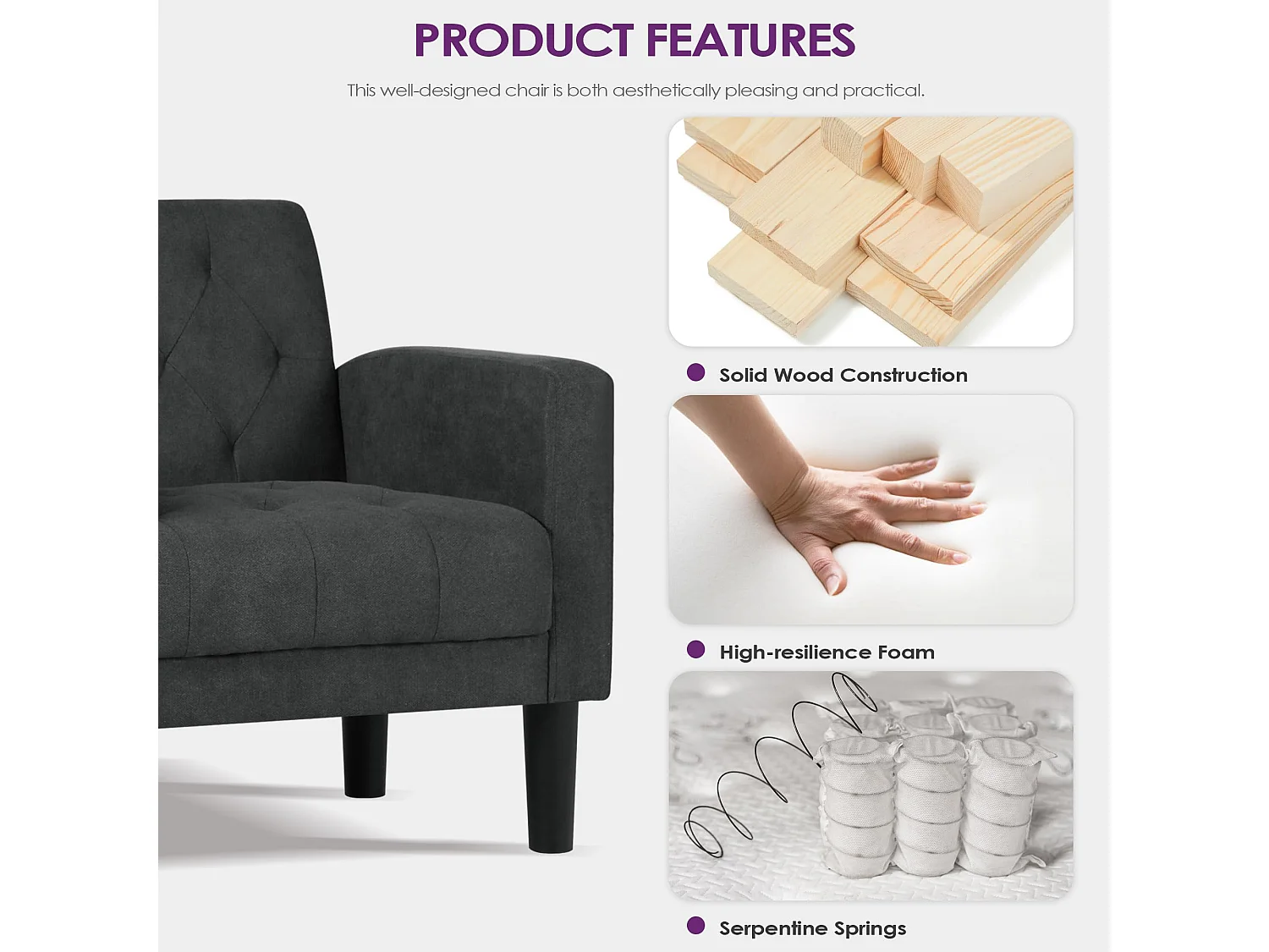 Fauteuil de Salon Lot de 2 Moderne Canapé 1 Place avec Coussins Confortable Fauteuil Relax pour Salon Cadre en Bois Fauteuil Lot de 2 (Gris foncé)