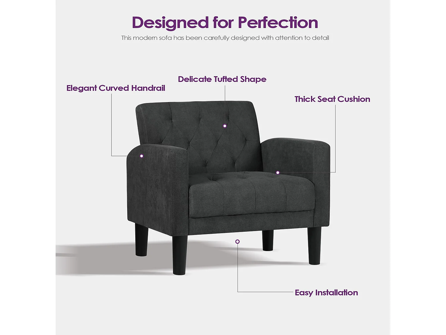 Fauteuil de Salon Lot de 2 Moderne Canapé 1 Place avec Coussins Confortable Fauteuil Relax pour Salon Cadre en Bois Fauteuil Lot de 2 (Gris foncé)