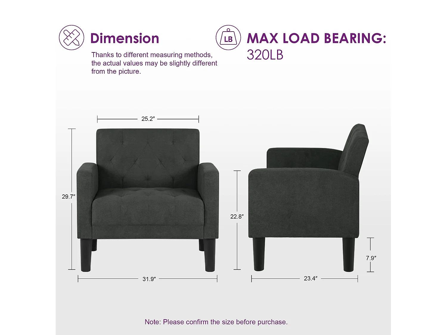 Fauteuil de Salon Lot de 2 Moderne Canapé 1 Place avec Coussins Confortable Fauteuil Relax pour Salon Cadre en Bois Fauteuil Lot de 2 (Gris foncé)