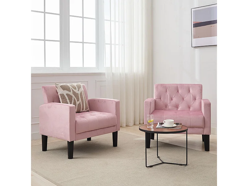 Fauteuil de Salon Lot de 2 Style Mid-century Canapé 1 Place avec Coussins Confortable Fauteuil Relax pour Salon Cadre en Bois Fauteuil Lot de 2 (Rose)