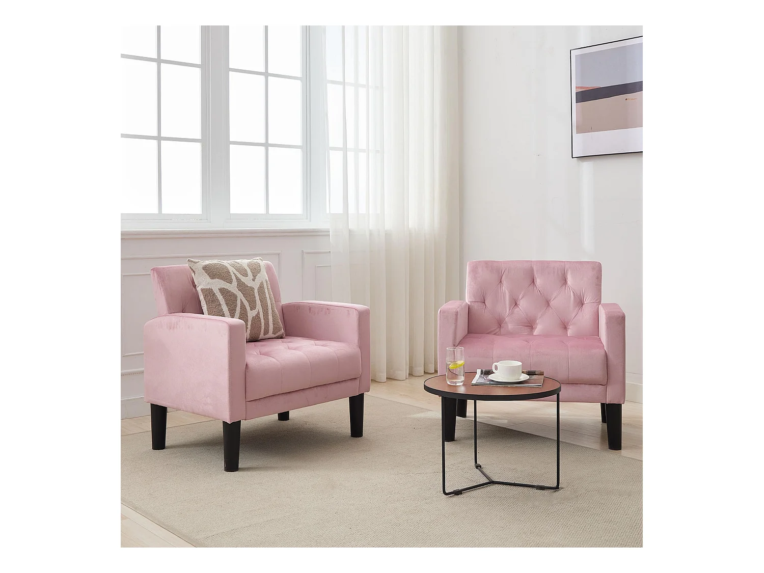 Fauteuil de Salon Lot de 2 Style Mid-century Canapé 1 Place avec Coussins Confortable Fauteuil Relax pour Salon Cadre en Bois Fauteuil Lot de 2 (Rose)