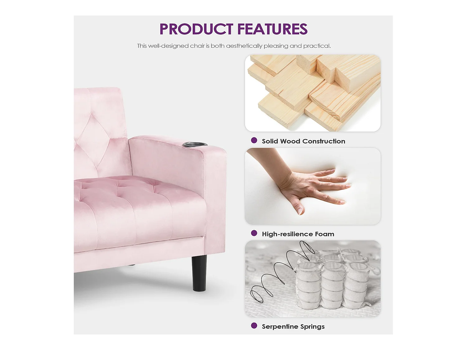 Fauteuil de Salon Lot de 2 Style Mid-century Canapé 1 Place avec Coussins Confortable Fauteuil Relax pour Salon Cadre en Bois Fauteuil Lot de 2 (Rose)