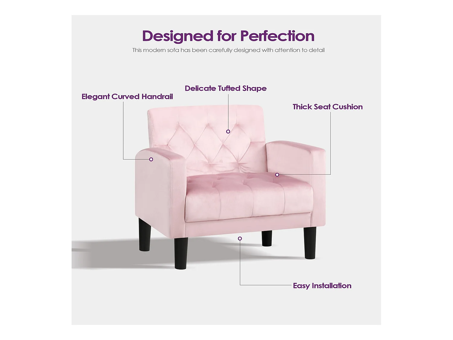 Fauteuil de Salon Lot de 2 Style Mid-century Canapé 1 Place avec Coussins Confortable Fauteuil Relax pour Salon Cadre en Bois Fauteuil Lot de 2 (Rose)