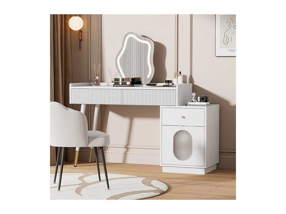 Coiffeuse blanc miroir LED éclairage trois tiroirs porte sans tabouret
