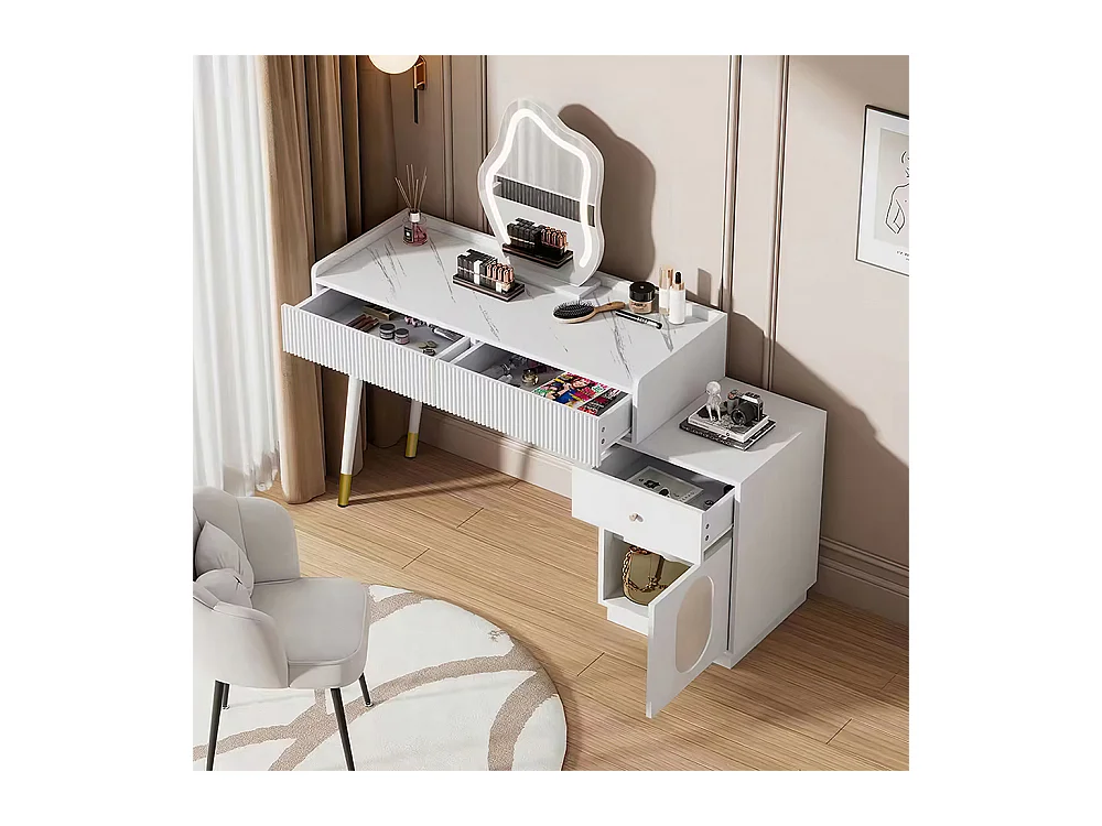 Coiffeuse blanc miroir LED éclairage trois tiroirs porte sans tabouret