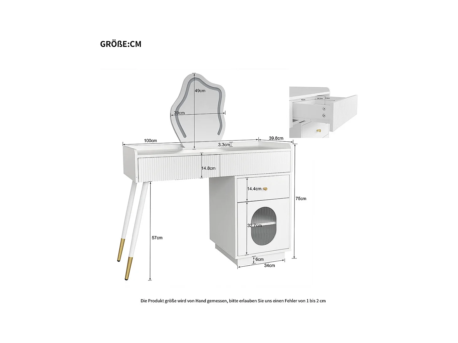 Coiffeuse blanc miroir LED éclairage trois tiroirs porte sans tabouret