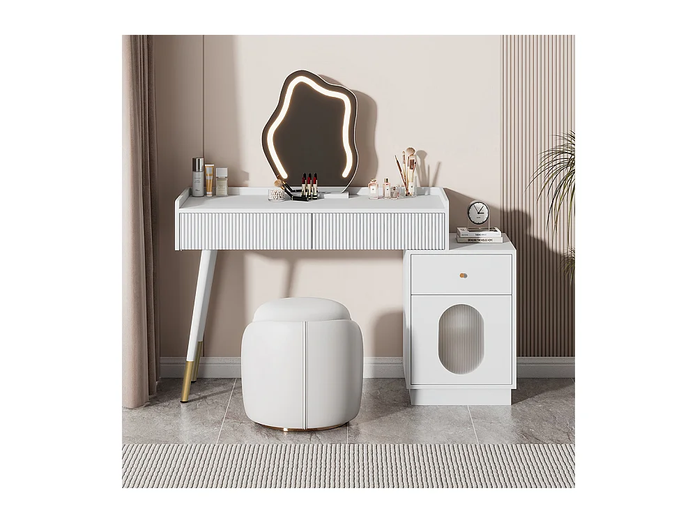Coiffeuse blanc miroir LED éclairage trois tiroirs porte sans tabouret