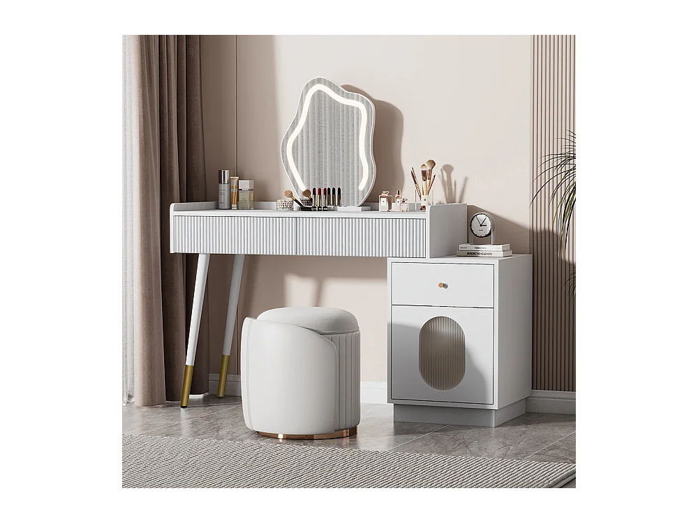 Coiffeuse blanc miroir LED éclairage trois tiroirs porte sans tabouret