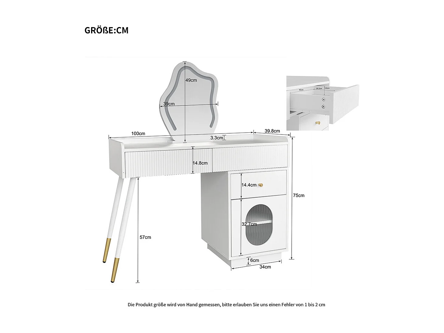 Coiffeuse blanc miroir LED éclairage trois tiroirs porte sans tabouret