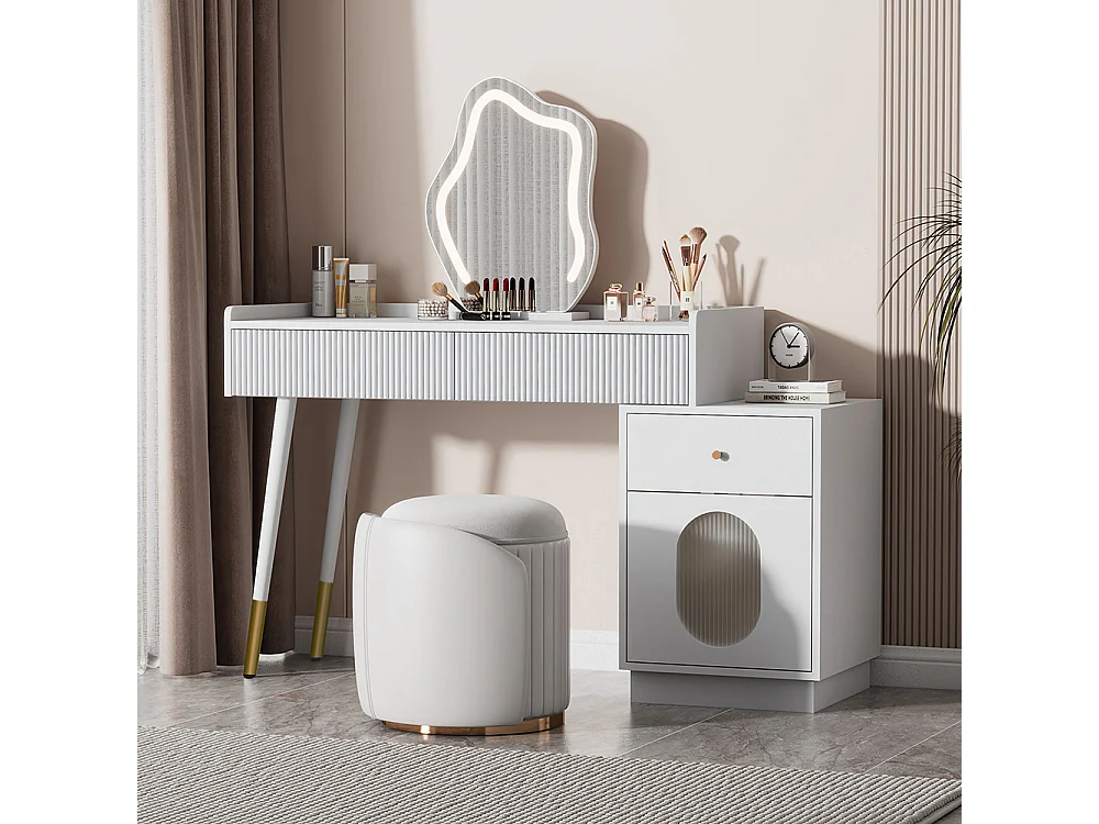 Coiffeuse blanc miroir LED éclairage trois tiroirs porte sans tabouret
