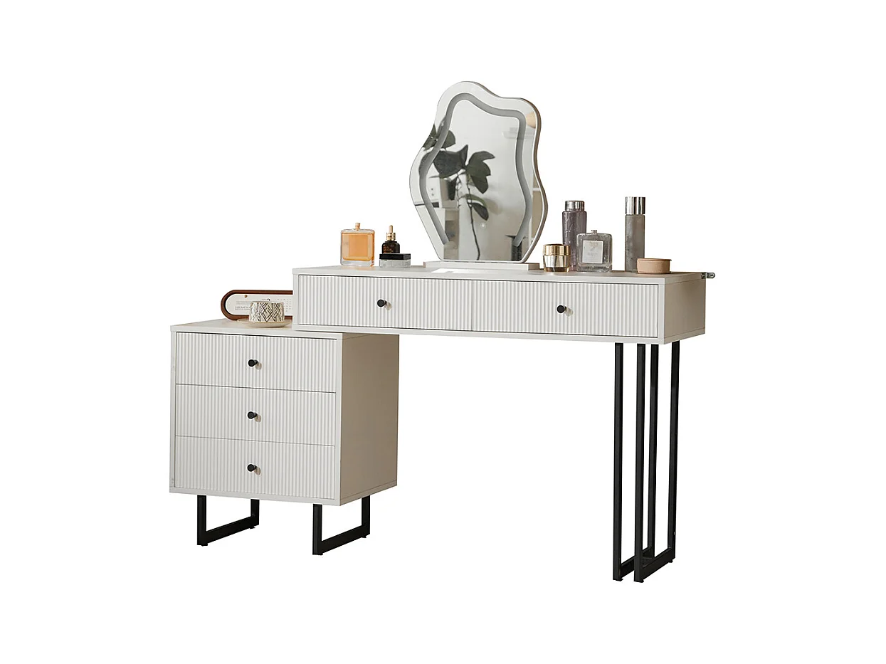 Coiffeuse blanc miroir éclairage plateau coulissant LED 3 couleurs sans tabouret
