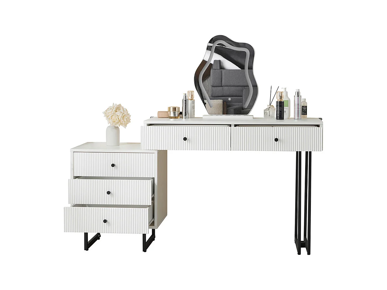 Coiffeuse blanc miroir éclairage plateau coulissant LED 3 couleurs sans tabouret