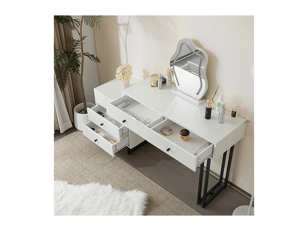 Coiffeuse blanc miroir éclairage plateau coulissant LED 3 couleurs sans tabouret
