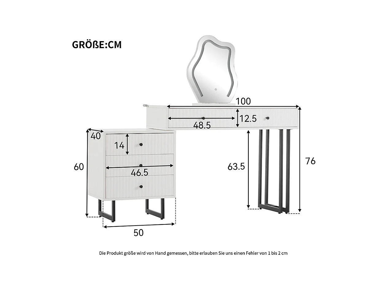 Coiffeuse blanc miroir éclairage plateau coulissant LED 3 couleurs sans tabouret