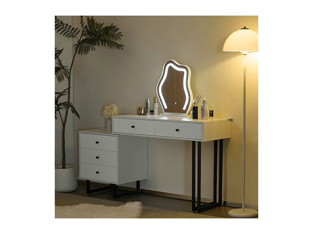Coiffeuse blanc miroir éclairage plateau coulissant LED 3 couleurs sans tabouret
